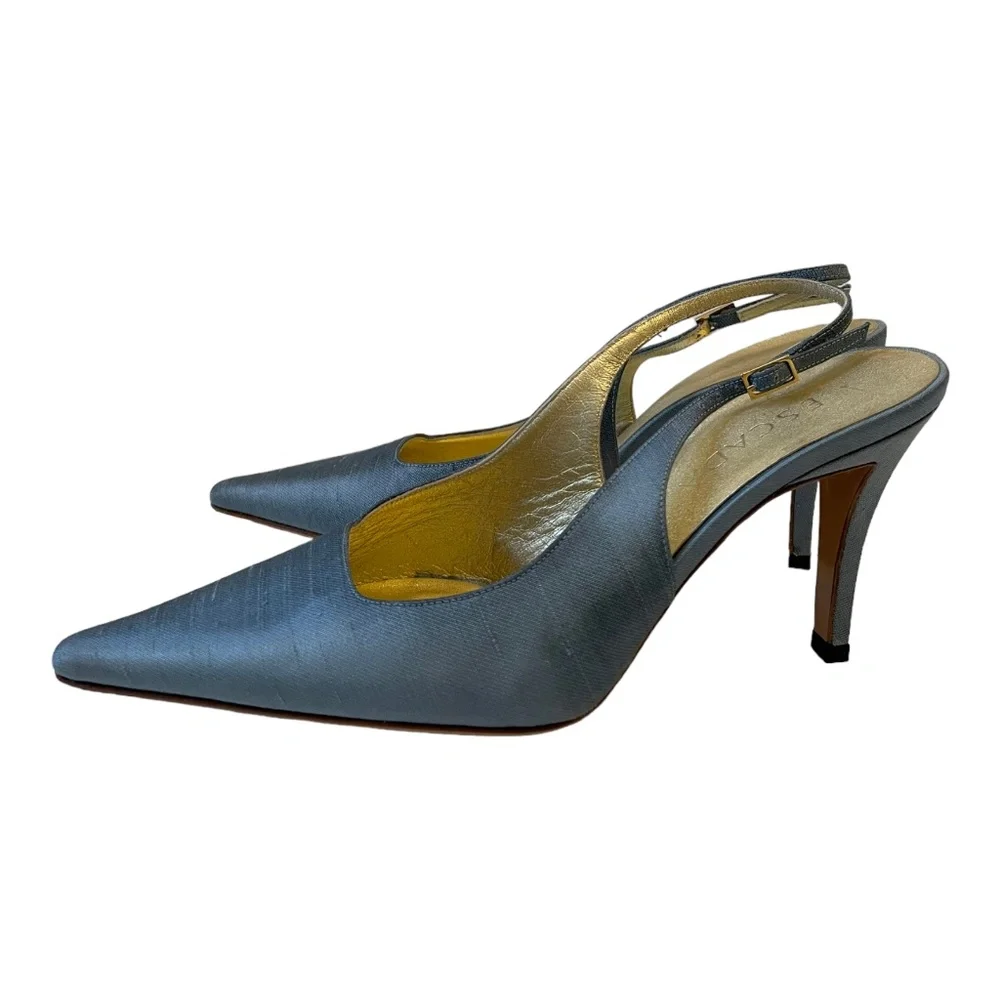 ESCADA Shoes Bryne Pale Blue Silk Slingback High Heel Pumps Size 37.5, US 7.5